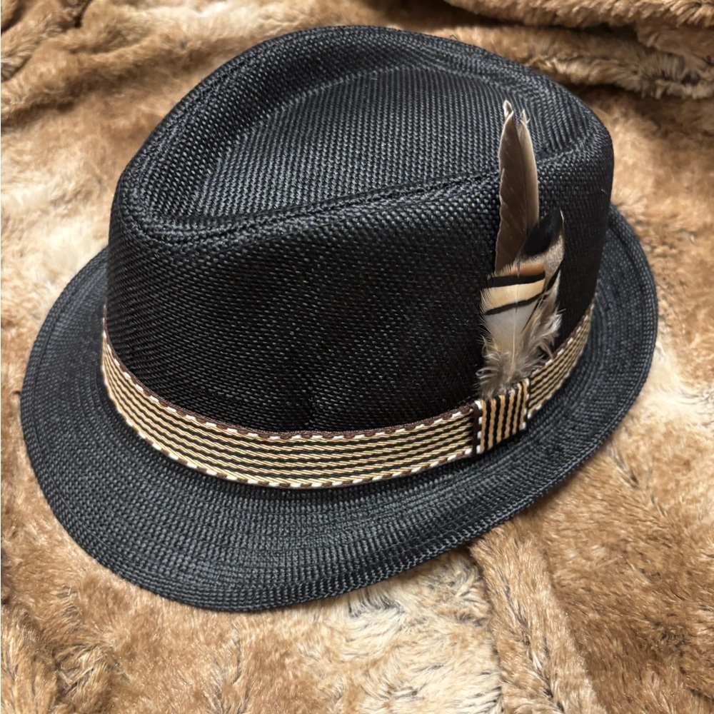 Black Fedora Hat with Feather Accent
